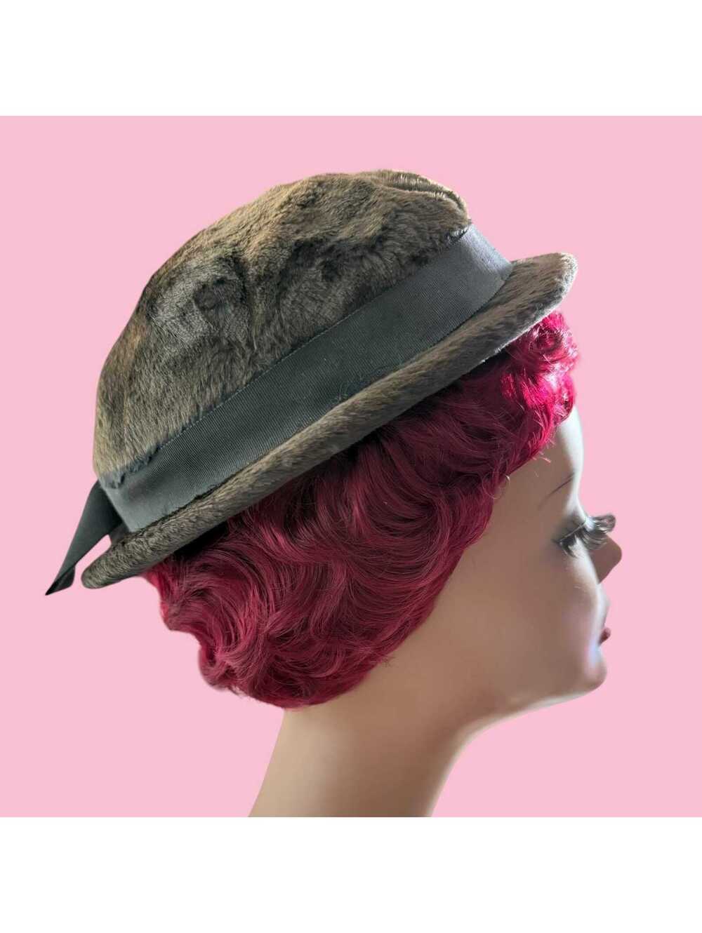 Vintage 1970s Brown Furry Bowler Style Hat with a Small Brim, Mod